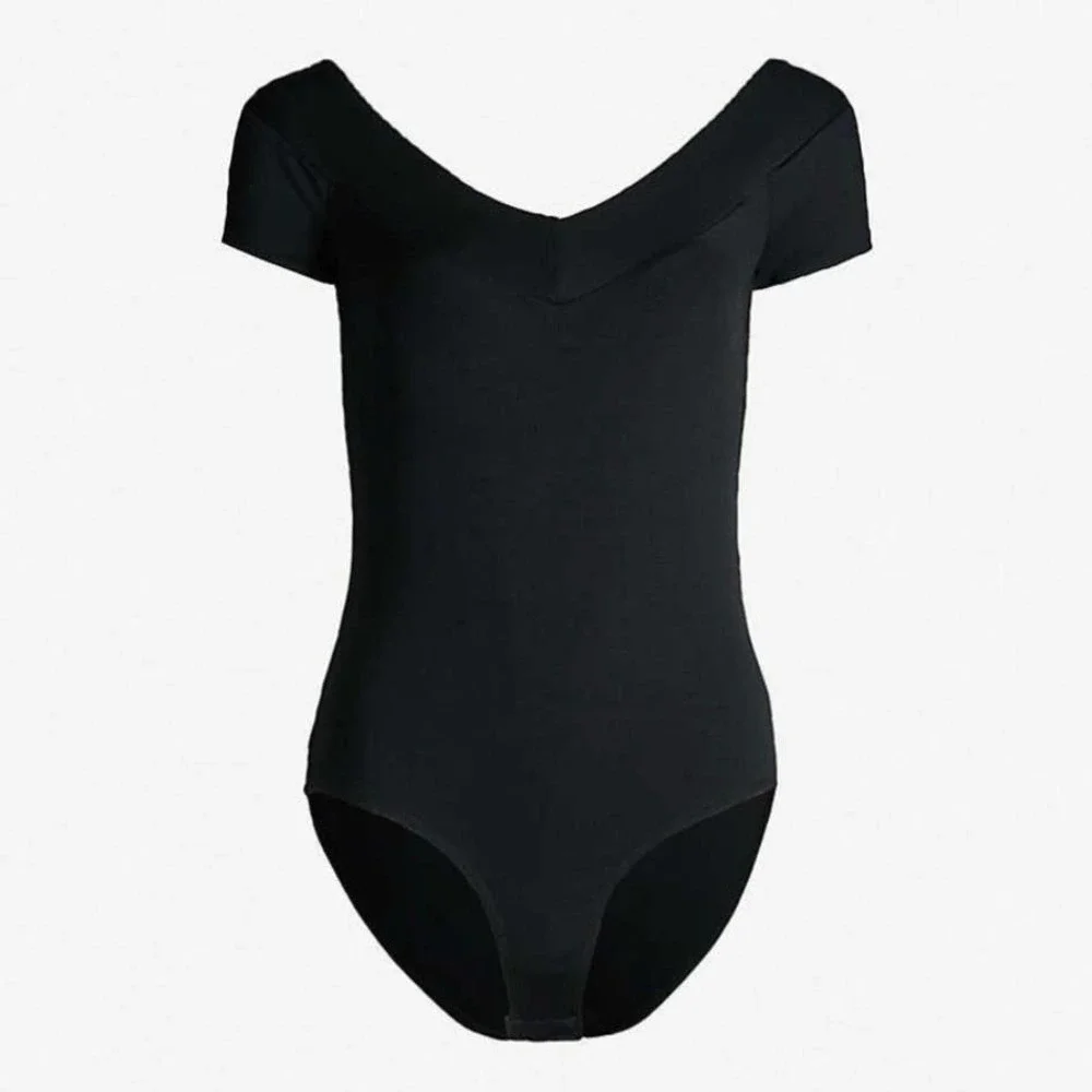 MAJE Off the Shoulder Bodysuit Womens 1 Small Black Double V-neck Short Sleeve - Picture 15 of 15